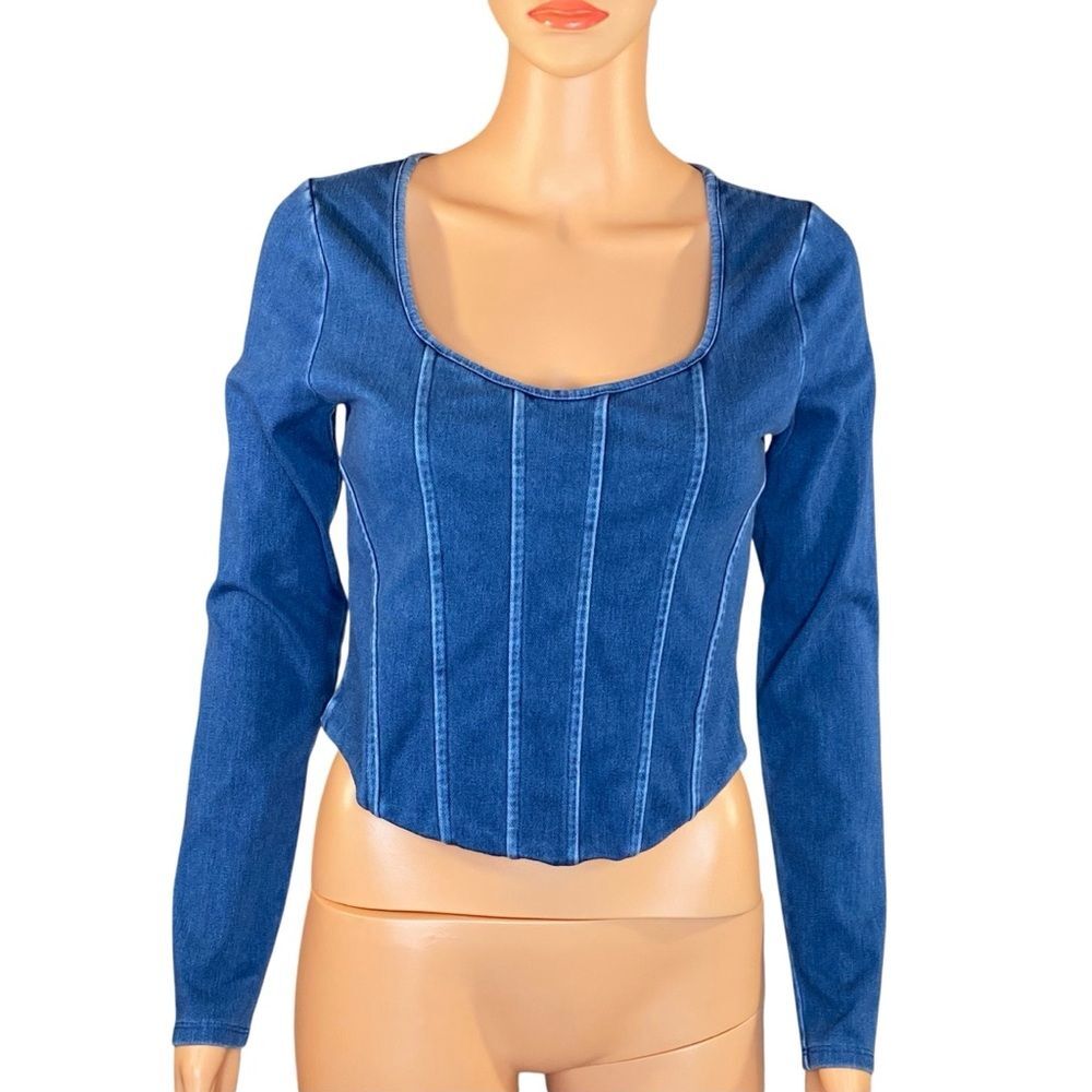 Express Denim Top Y2K Cropped Milkmaid Long Sleeve Square Neckline Size Small